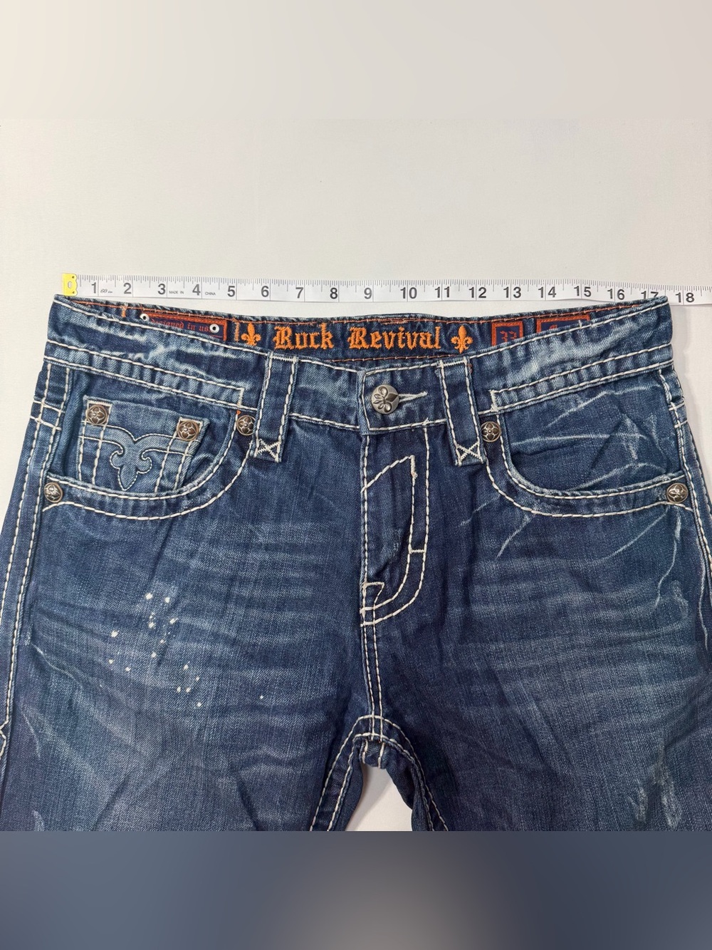 Rock Revival Mason Jeans Sz 33 Blue Distressed Bootcut Denim Y2K Grunge Festival - Picture 9 of 13